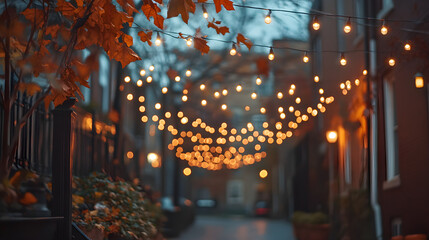 Warm glow illuminates charming street as string lights create a cozy atmosphere in evening.