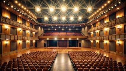 A vacant auditorium awaits the curtains' rise, with softly glowing stage lights and a dimly lit hall, evoking an air of eager expectation and dramatic flair.