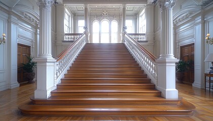 Obraz premium Grand Staircase in a Luxurious White and Wood-Paneled Mansion