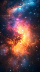 Fototapeta premium A stunning cosmic nebula showcasing vibrant hues of orange, blue, and purple against a backdrop of twinkling stars, evoking a sense of wonder and awe.