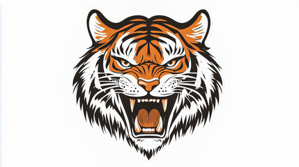 Obraz premium Flat color illustration of an angry tiger head on a white background.