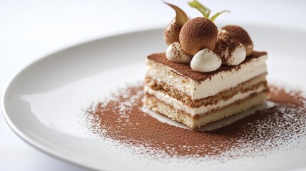 Elegant Tiramisu Cake Presentation on White Plate