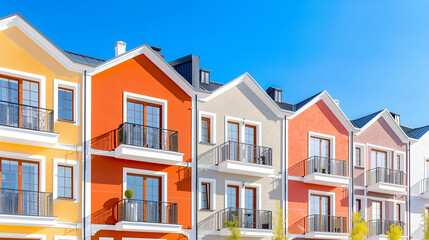 Fototapeta premium Colorful houses featuring modern architecture under a clear blue sky showcasing vibrant designs and contemporary styles