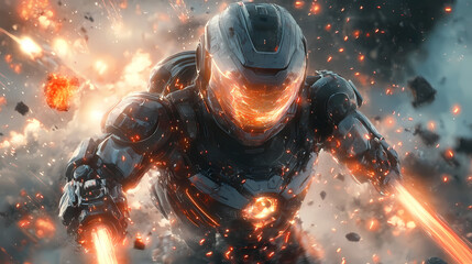 Epic Mecha Anime Warrior in Advanced Armor &ndash; Explosive Futuristic Battle with Laser Beams and Energy Blades