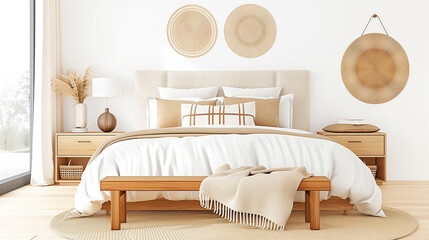 Bedroom interior design with modern decor and natural elements featuring wood accents and cozy textiles