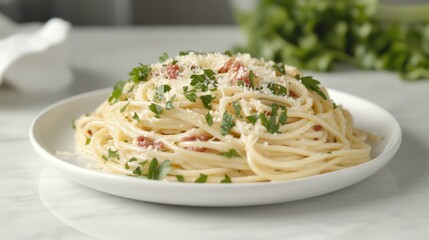 Delicious Spaghetti Carbonara with Parsley Garnish