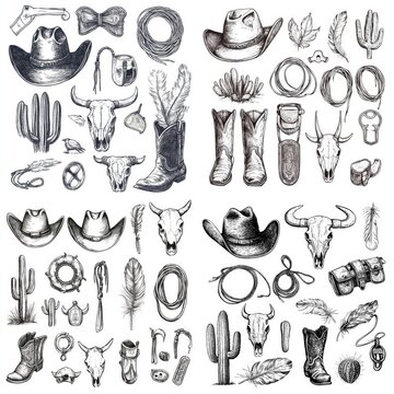 Cowboy-themed hat and boot illustrations collection