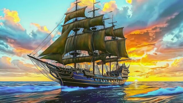 Beautiful old sailboat in sunset rays on the sea, old sailing brigantine.