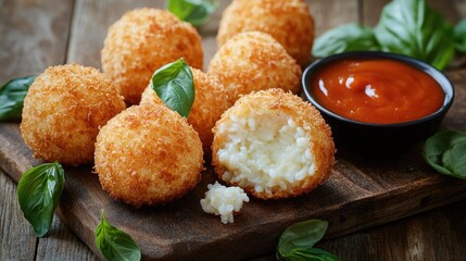 Crispy Arancini with Tomato Sauce and Fresh Basil