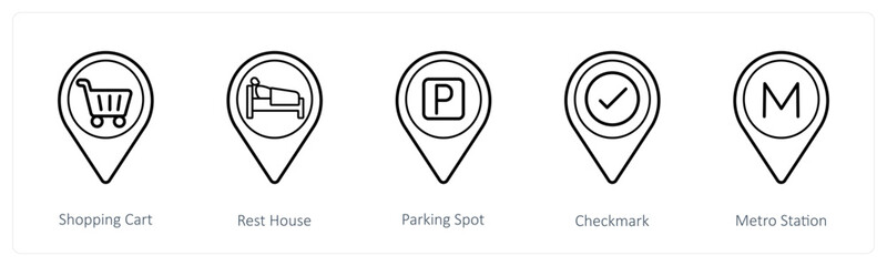 A set of 5 location pointer icons as shopping cart, rest house, parking spot