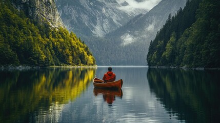 Tranquil Fisherman on Serene Mountain Lake