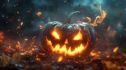 Naklejka premium Three ghostly figures are floating in a room with flames. Scene is eerie and spooky