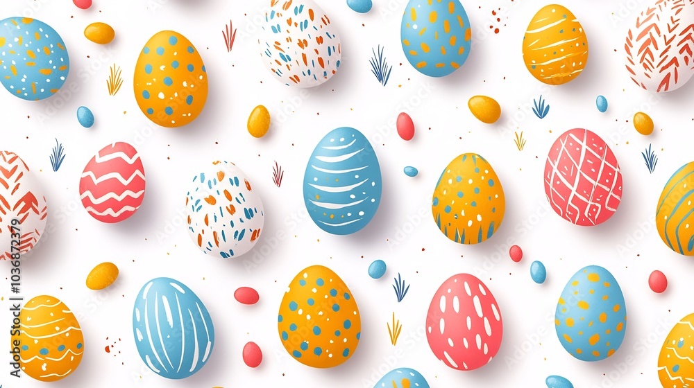 Poster Flat design set of colorful Easter eggs arranged a playful pattern on a clean white background Each egg features unique designs creating a vibrant festive look with ample space for text