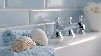 Tranquil Bathroom Scene with Seashells and Towels