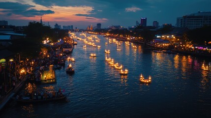 Naklejka premium Peaceful River Scene with Floating Lanterns at Dusk