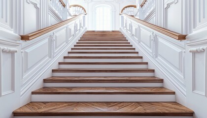 Fototapeta premium Elegant Wooden Staircase with White Trim and a Window at the Top