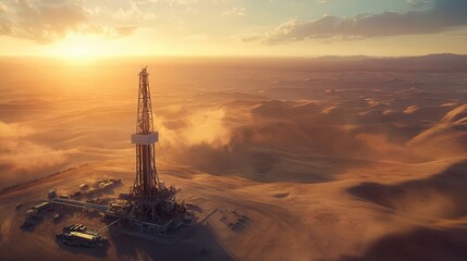 A majestic oil derrick standing tall in the heart of an expansive desert