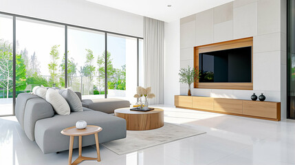 Living room modern interior with large windows and stylish furniture for contemporary design