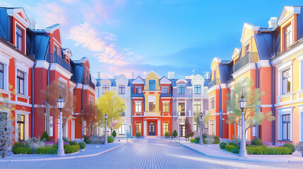 Obraz premium Houses in a colorful architectural design with vivid details and inviting landscape features