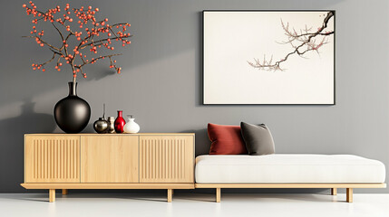 Furniture with modern decor in stylish living room featuring elegant design elements and minimalist aesthetic