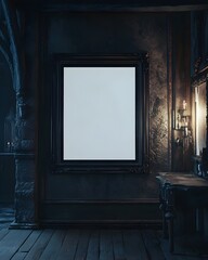 A large, empty ornate frame on a dark, textured wall, illuminated softly by candlelight, creating a mysterious and moody atmosphere in a vintage room.