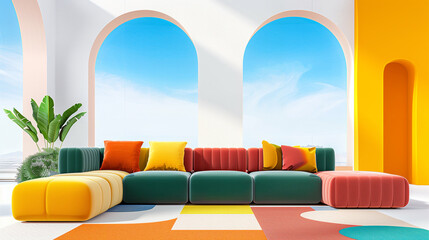 Sofa in modern living room with colorful cushions and bright decor