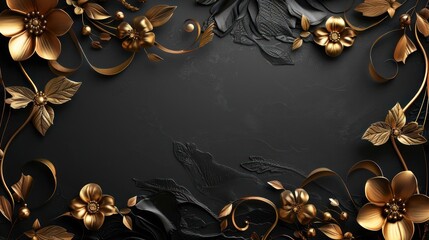 A luxurious floral and golden patterned design with intricate leaf and petal motifs set against a da