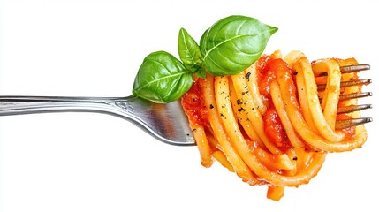 Elegant Silver Fork with Twirled Pasta and Basil