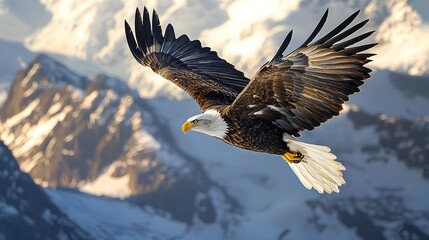 Obraz premium Majestic eagle soaring high above rugged mountain peaks symbolizing strength and freedom