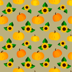 Vector - seamless pattern of  sunflowers and pumpkins.