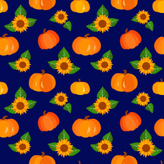 Vector - seamless pattern of  sunflowers and pumpkins.