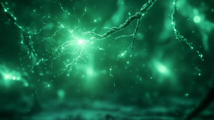mesmerizing close up of glowing neural connections, showcasing intricate details of synapses and neurons in vibrant green hue. This evokes sense of wonder about complexities of brain