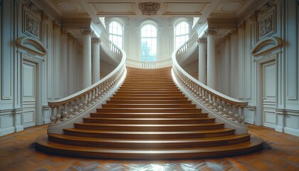 Obraz premium Ornate Wooden Staircase in a Grand Hallway
