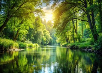 Obraz premium A tranquil forest river sparkles under sunlight, surrounded by vibrant greenery and calm waters, creating a peaceful outdoor escape in the heart of scenic wilderness.