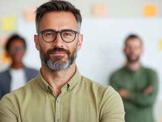 Obraz premium A confident man with glasses and a beard stands in front, while two others are blurred in the background, suggesting teamwork or collaboration in a professional setting.