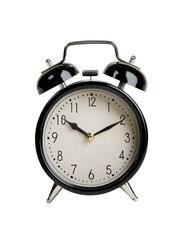 Classic black alarm clock on white isolated background.
