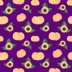 Vector - seamless pattern of  sunflowers and pumpkins.