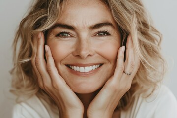 A close-up of a happy middle-aged blonde woman with curly hair, smiling with toothy smile and resting her hands on her face