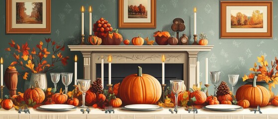Cozy Autumn Dining Table Setting with Pumpkins and Fireplace