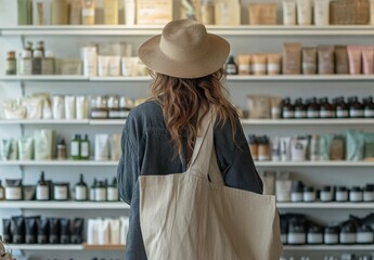 Woman in a hat holding coffee while shopping for natural skincare products in eco-friendly store