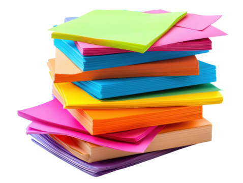 Colorful sticky notes stacked creatively on a white isolated background.