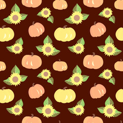 Vector - seamless pattern of  sunflowers and pumpkins.