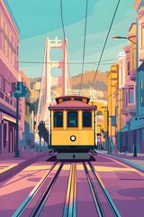 Obraz premium A vibrant illustration of a vintage tram traveling down a city street, with the iconic Golden Gate Bridge in the background, capturing a nostalgic and colorful urban atmosphere.