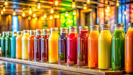 Brightly lit, vibrant juice bar showcases fresh cold-pressed bottles, their colors blending in a long exposure effect, creating an energizing and refreshing ambiance for all.