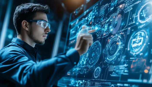 A programmer works on a large touchscreen display, focusing on code and technology.