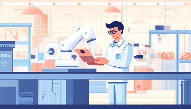 A scientist works in a laboratory, overseeing a robotic arm.