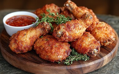 Close up of crispy fried chicken drumsticks with a side of tomato sauce and fresh thyme.