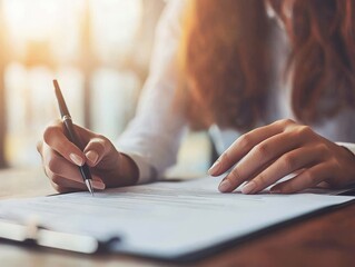 Description
A close-up of a person writing with a pen on paper, capturing the art of handwriting in a warm, natural light setting.