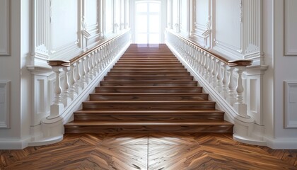 Wooden Staircase with White Banisters and Intricate Molding in a Luxurious Home