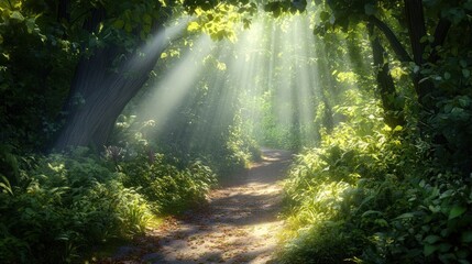 Sunbeams Through Forest Path